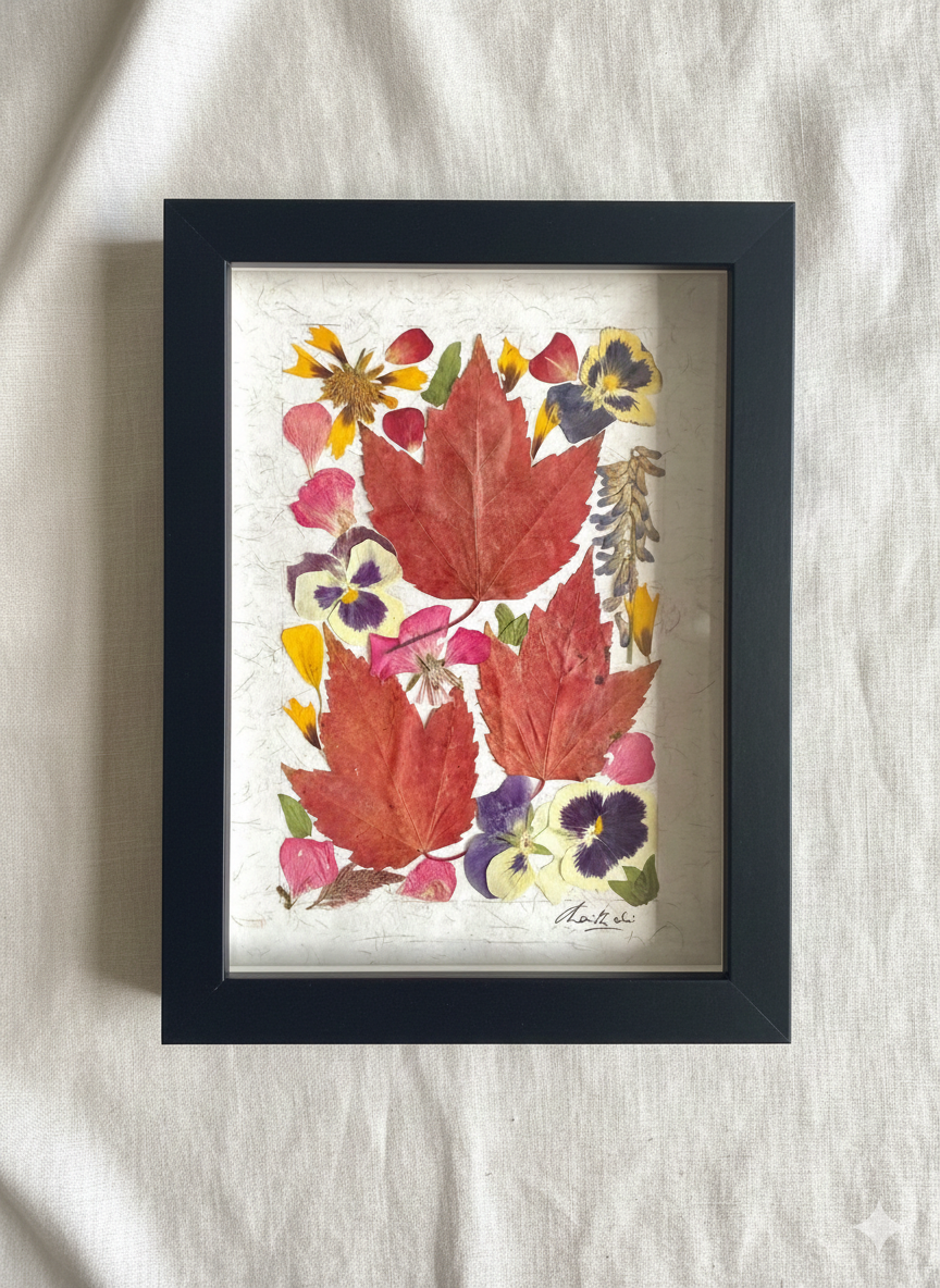 Framed artwork with pressed leaves and flowers on a textured white background