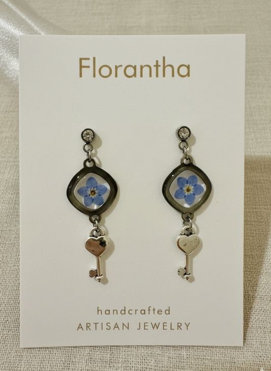 Florantha earrings on a branded card with a textured background
