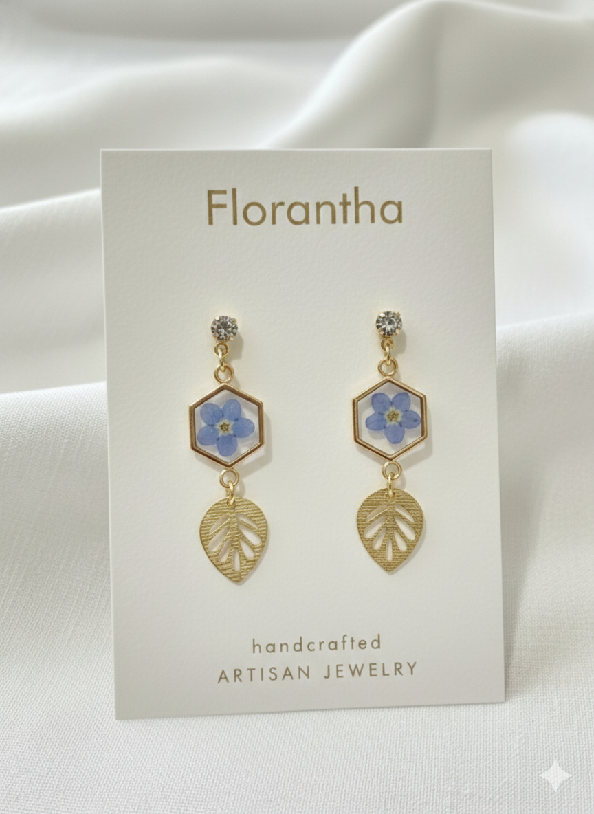 Florantha earrings on a branded card with a white background