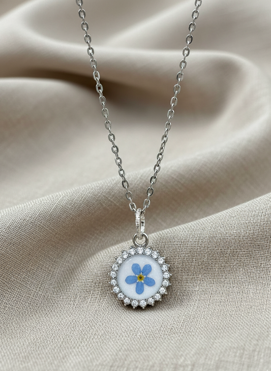 Forget-me-Not Silver Pressed Flower Pendant Necklace