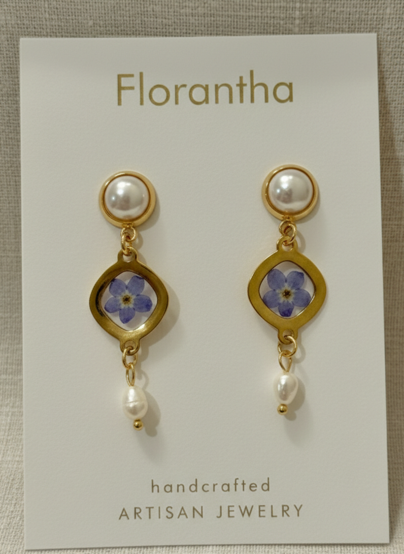 Pair of earrings with floral design on a 'Florantha' card