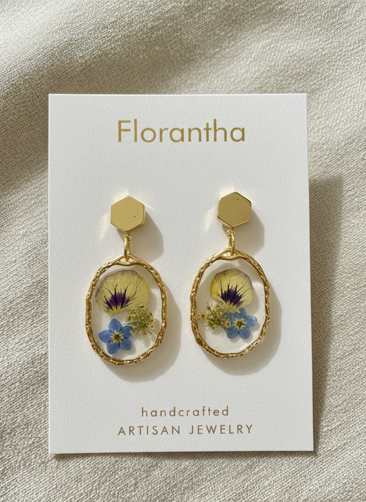 Floral earrings on a 'Florantha' branded card with a textured beige background
