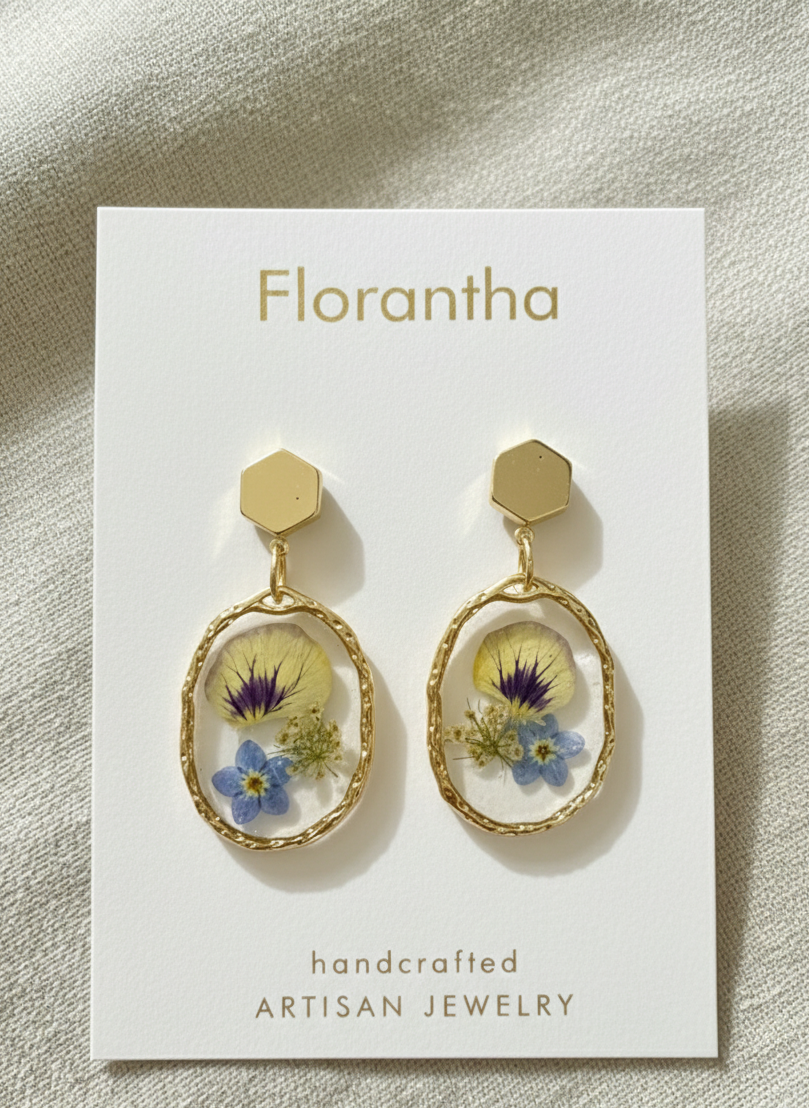 Florantha earrings with floral design on a white card
