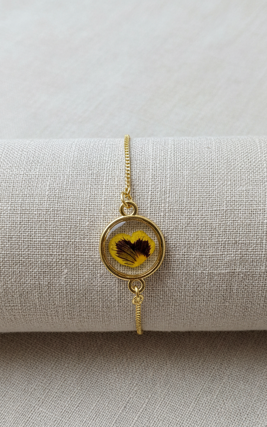 Pansy Flower Bracelet Pressed Flower - Gold