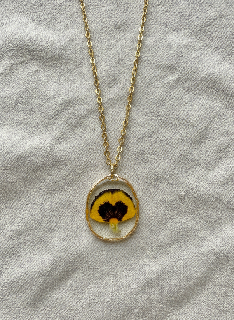 Pansy Pressed Flower Gold Pendant Necklace