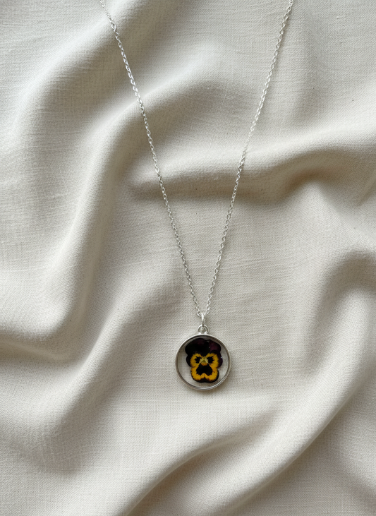 Pansy Pressed Flower Silver Pendant Necklace