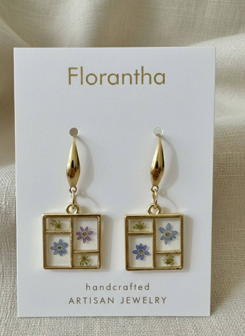 Florantha earrings on a display card with floral designs.