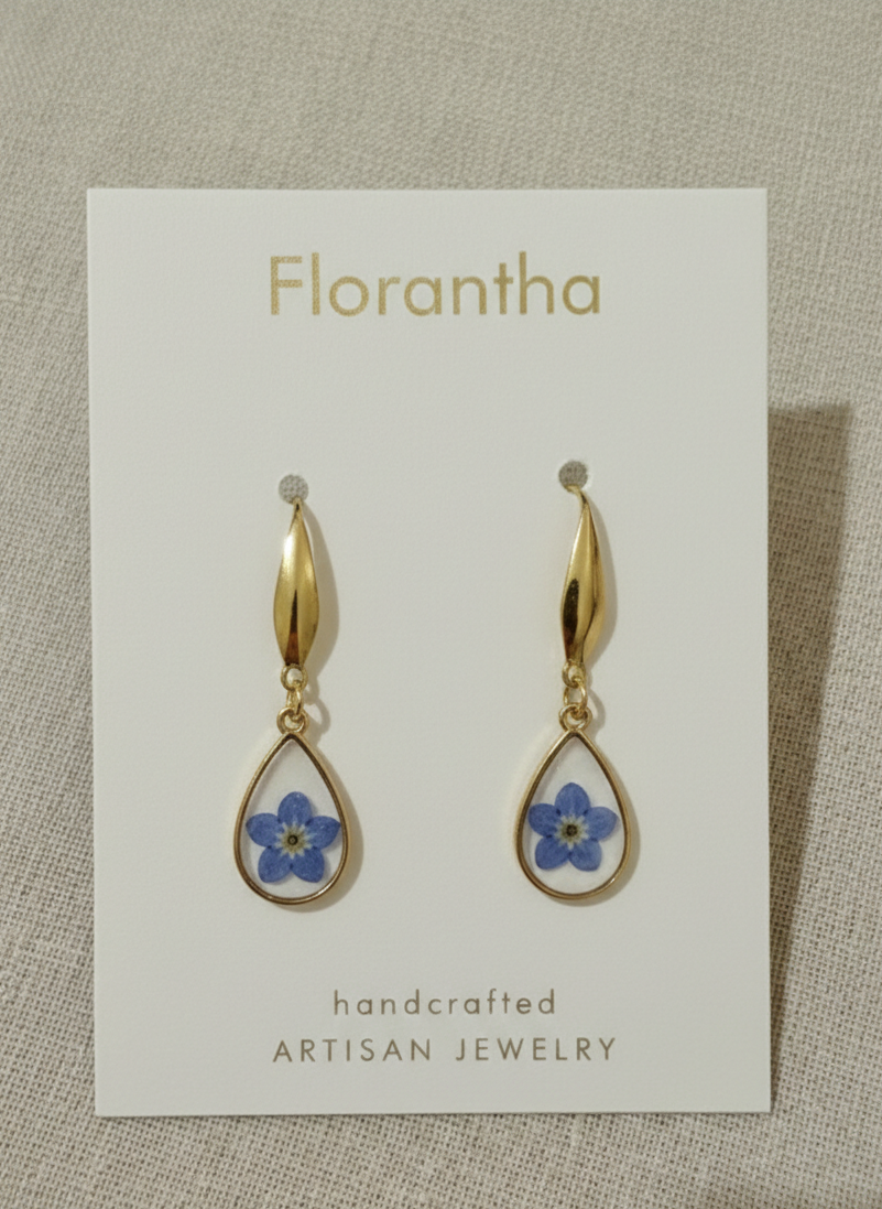 Teardrop Forget-me-Not Pressed Flower Earrings - Gold