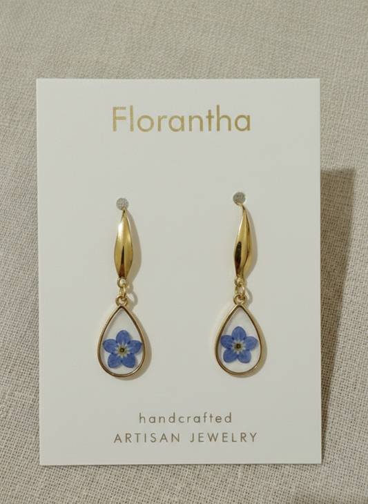 Teardrop Forget-me-Not Pressed Flower Earrings - Gold
