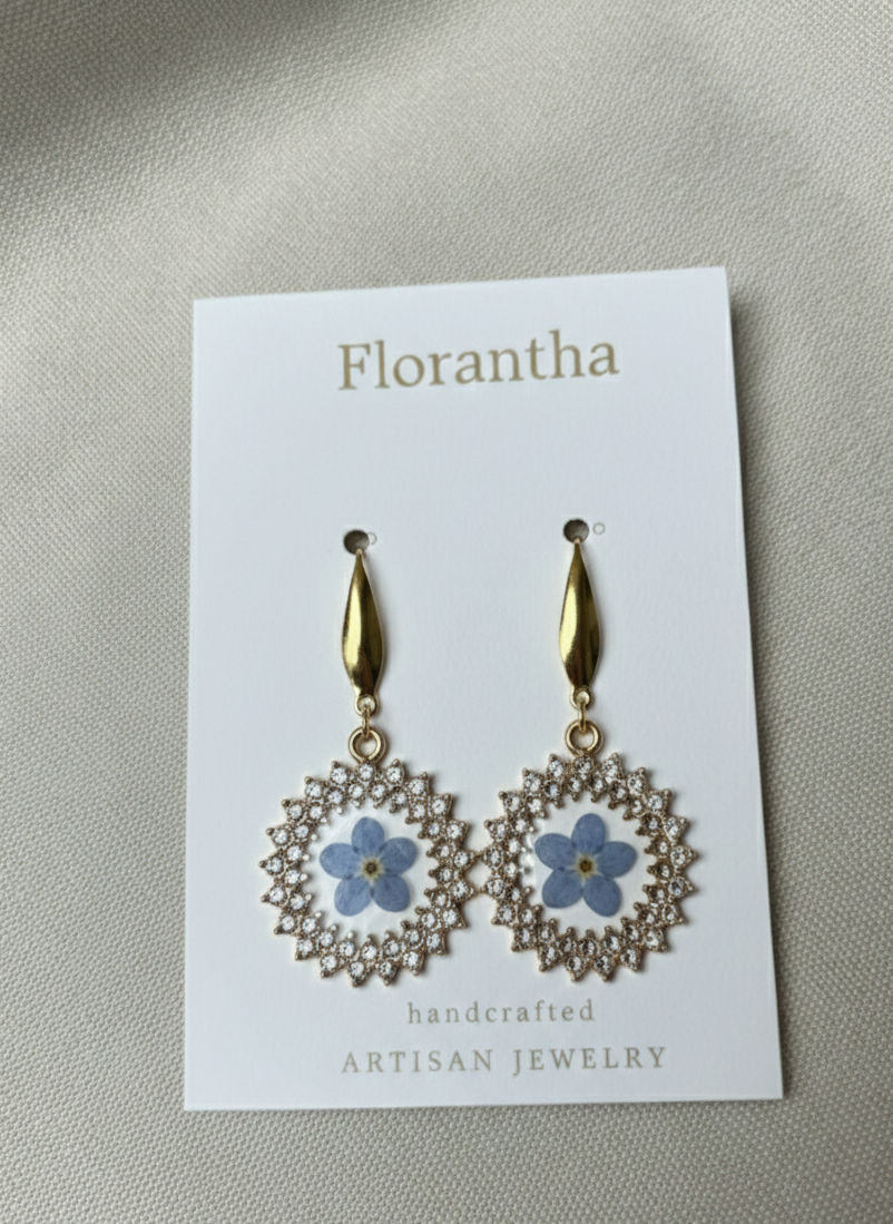 Floral earrings on a 'Florantha' branded card with a beige background