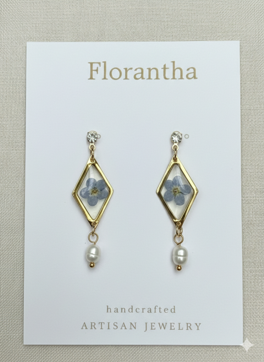 Floral earrings on a 'Florantha' branded card with a beige background