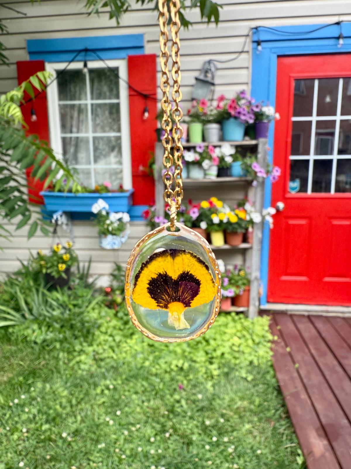 Pansy Pressed Flower Gold Pendant Necklace