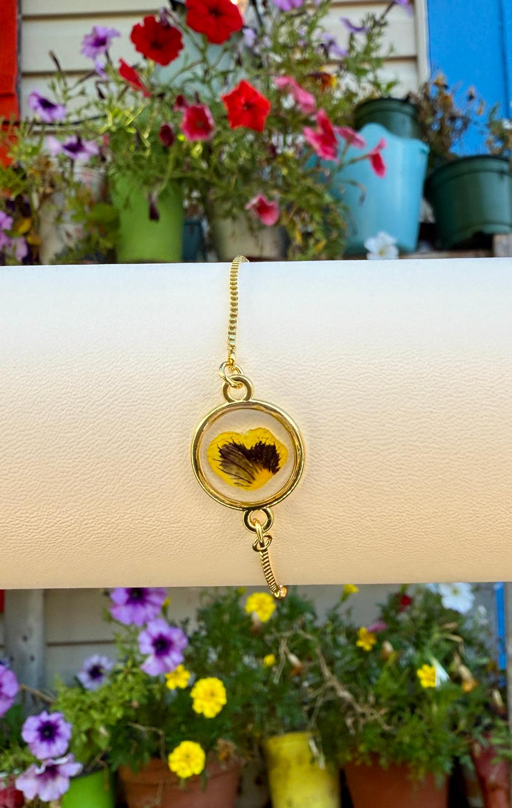 Pansy Flower Bracelet Pressed Flower - Gold