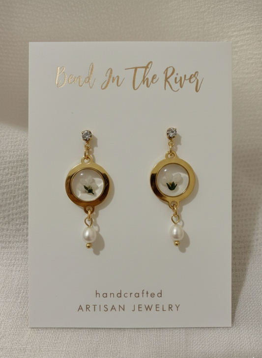 White Forget-Me-Not & Freshwater Pearl Earrings
