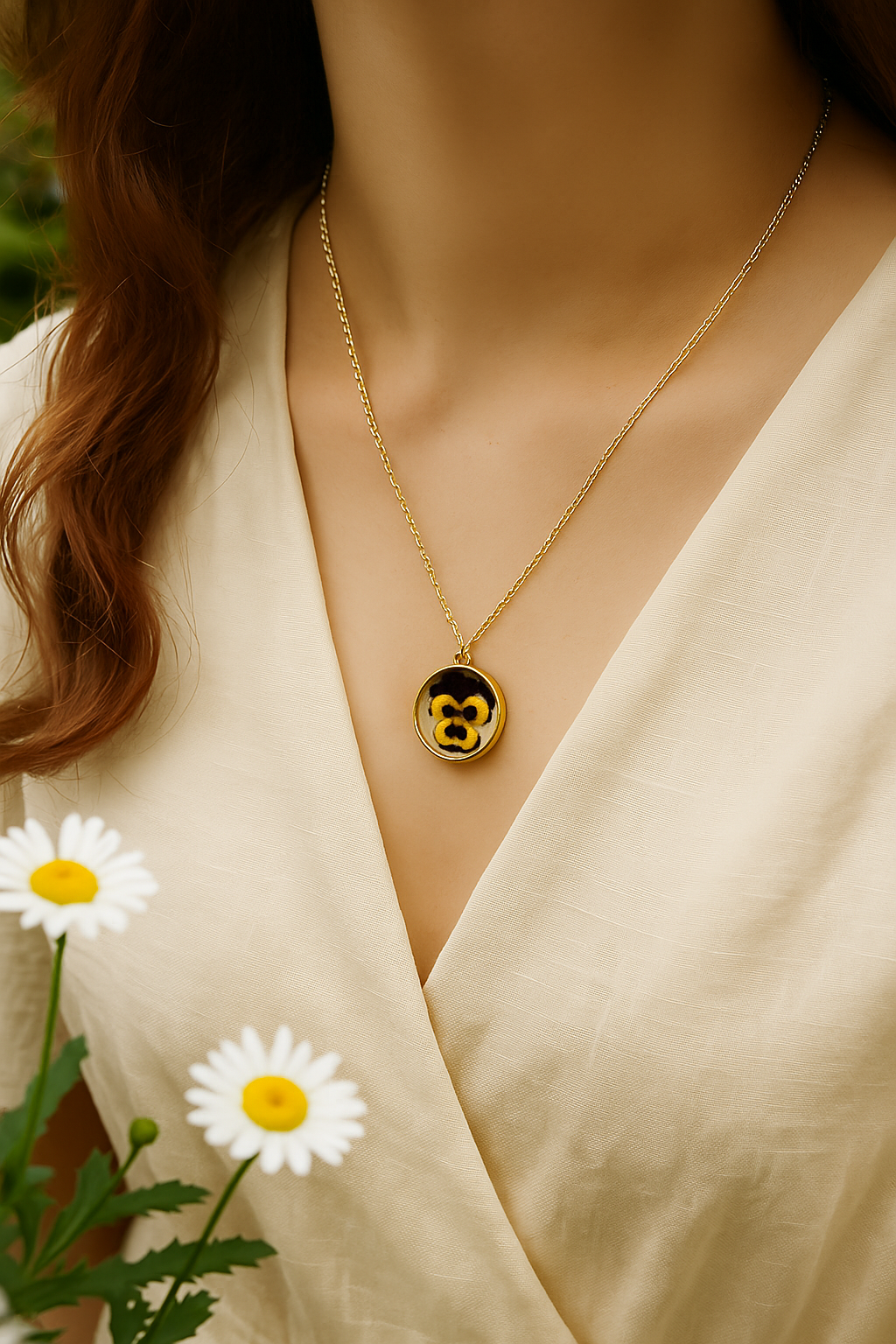 Pansy Pressed Flower Gold Pendant Necklace