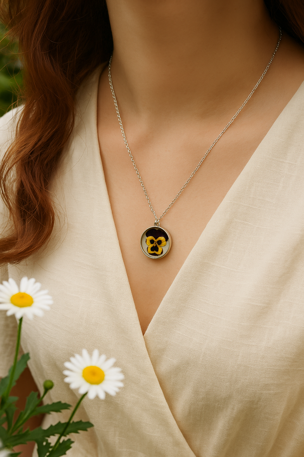 Pansy Pressed Flower Silver Pendant Necklace